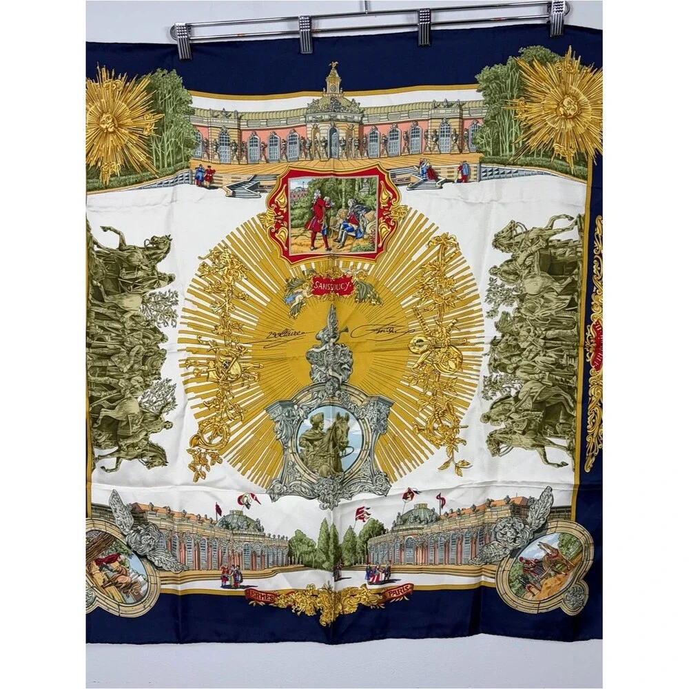 Vintage Herme’s Silk Scarf Palace Scene in Navy, Gold, Cream 34x34